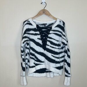 Express Long Sleeve Sweater Size S Black White With Lace Zebra Print Stretch